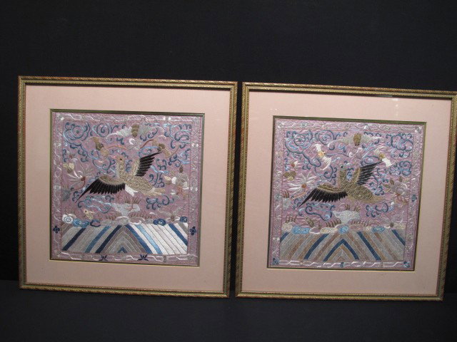 TWO FRAMED CHINESE SILK BADGES BIRDS & BATS: Two framed Chinese silk badges embroidered with birds, bats, fish, and butterflies. Mauve, blue and silver tones. Each revealed kerchief measures 10 1/2" x 10 1/2". Each frame measures 15 1/2" x 15 1/
