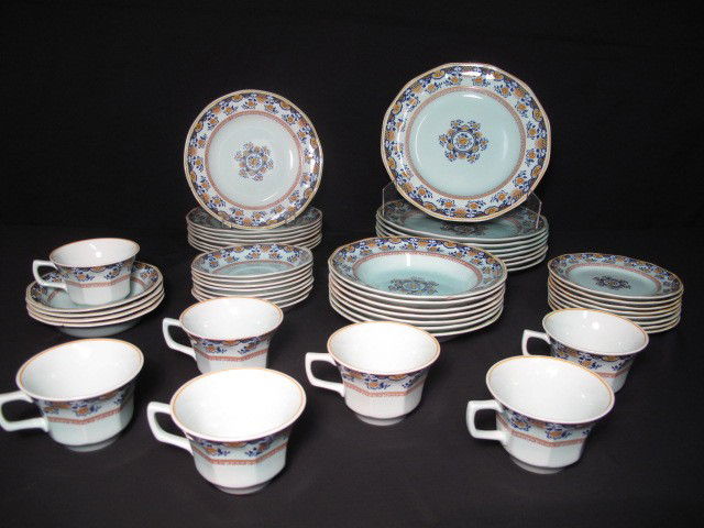 ADAMS SHALIMAR CALYX WARE CHINA DINNERWARE SET 50: Adams Calyx Ware china dinnerware in the "Shalimar" pattern. 50 total pieces. Includes 8 dinner plates (10.25"), 7 soup bowls (7.75"), 4 fruit bowls (5.75"), 8 salad dishes (8.25"), 8 bread and butter