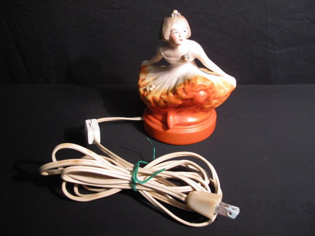 RARE FULPER PERFUME POTTERY LAMP: Rare art deco ballerina pottery perfume lamp. 2 piece. Pressed marked "Fulper" along base. Good condition but for a small repair to foot, and a minor loss to the underside rim. As is with all old elec