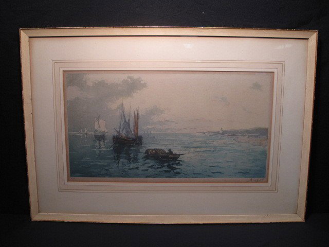ALPHONSE LAFITTE AQUATINT: COASTAL SCENE: Etching with aquatint signed A. Lafitte of a coastal scene with a fishing boat. Alphonse Lafitte, 1863, French. Numbered 183. Good to fair condition, toned. Art measures 10" x 19.5". Shipping weight 5
