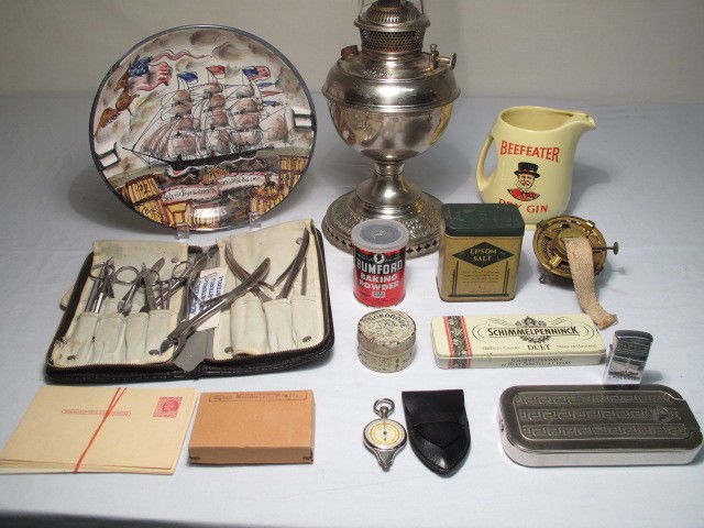 ANTIQUE VINTAGE LOT DENTAL TOOLS OIL LANTERN ROLLS: Lot of antique and vintage items. Rolls Razor case and strop, set of vintage dental tools in leather case, Wade Beefeater Dry Gin water jug, German map measurer, Vintage Postcards, B&H Bradley and Hub