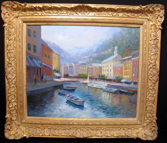 T.E. PENCK (1929 - ) OIL PAINTING CANVAS: Oil painting on canvas of a harbor scene by the Impressionist painter, T. E. Penck (b 1929). Signed l.l. by the artist. Canvas measures 20" x 24". Frame measures 28 1/2" x 32". Weight: 15.4 lbs. Condi