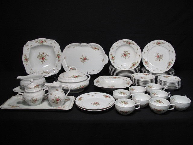 ROSENTHAL GERMANY PORCELAIN FINE CHINA DINNERWARE: German Rosenthal porcelain fine china dinnerware set. 48 Pieces total. "Sanssouci Ivory Ramona Moss Rose" floral pattern. Includes (8) 9.5" soup bowls, (6) 10" dinner plates, (1) 12" square serving bo