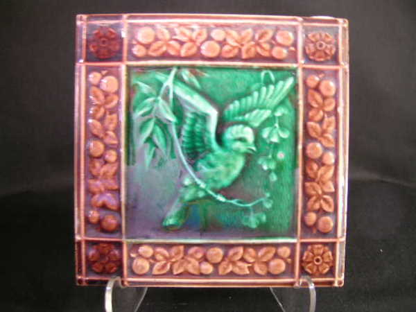 ANTIQUE ENGLISH MAJOLICA TILE BIRD DESIGN