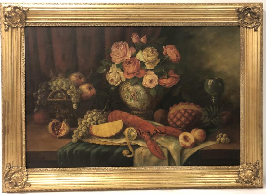 ERICH KUNZEL (GERMAN 20TH-21ST C.), OIL ON CANVAS,: 28" x 42", vase of flowers on a table with lobster and fruit (in the tradition of Baroque still life painting), painting appears to be an earlier work by the artist, signed lower left; antique gilt fr