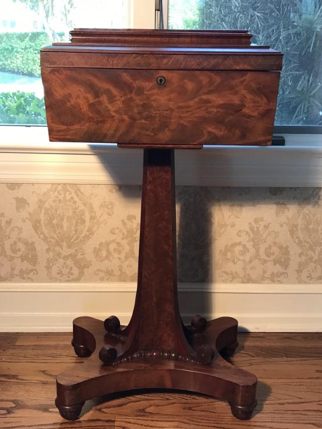 19TH C ENGLISH REGENCY BURLED PEDESTAL TEA CADDY (1 of 20)