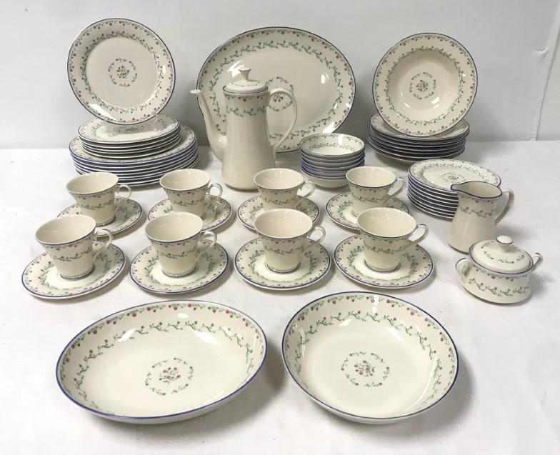 GORHAM TOWN & COUNTRY SOUTHERN CHARM DINNERWARE: 59 pieces, service for 8, blue rim. Set includes: (8) H 3" cups, (8), (8) 6" saucers, (8) 5.25" cereal bowls, (8) 8.5" soup bowls, (6) 8.5" luncheon plates, (8) 10.75" dinner plates (1) 8" serving bow