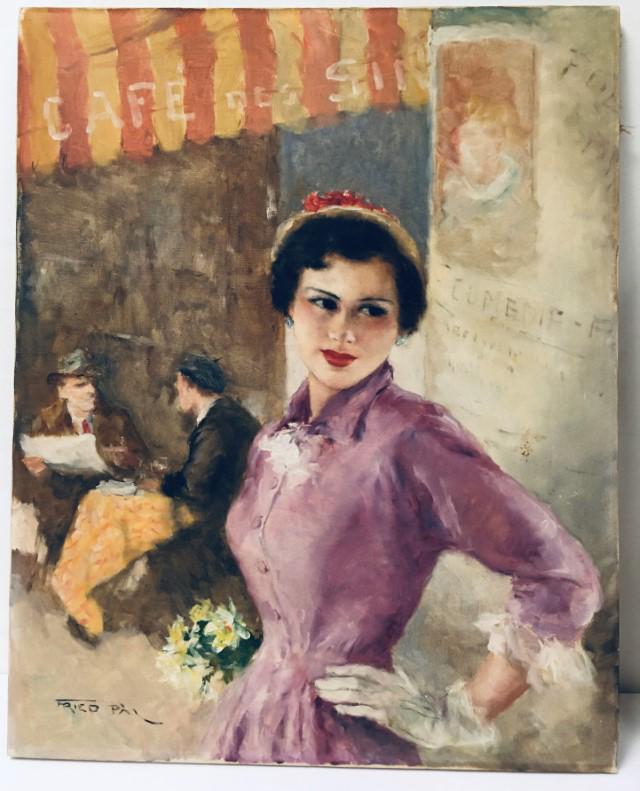PAL FRIED (HUNGARIAN/AMERICAN 1893-1976), OIL PTG.: PAL FRIED (HUNGARIAN/AMERICAN 1893-1976), OIL PTG. On canvas; portrait of a lady in front of a French cafe; signed lower left; 30" x 24"; antiqued original frame, 38 1/2"x 32 1/2". Weight: 9.6 lbs. Co