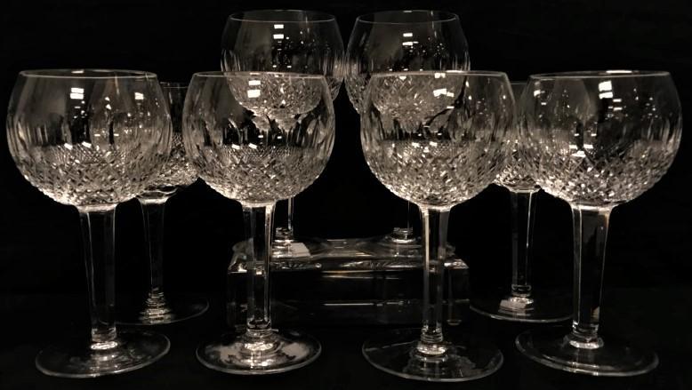 8 PCS. WATERFORD 'COLLEEN' BALLOON WINE GLASSES: 8 PCS. WATERFORD 'COLLEEN' BALLOON WINE GLASSES. Signed. H 7 3/4" Weight: approx. 9.6 lbs. total. Condition: good - see photos.