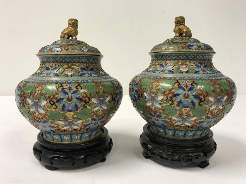 PAIR CHINESE CLOISONNE COVERED URNS, LATER 20TH C. (1 of 15)