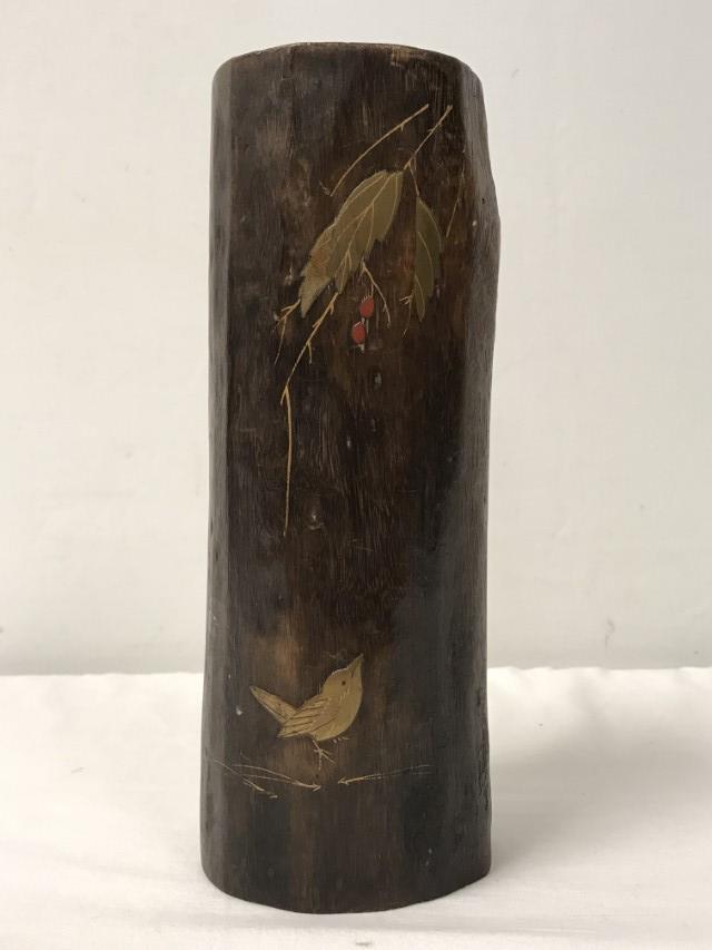 JAPANESE MEIJI PERIOD CARVED WOOD BRUSH POT: Japanese Meiji period wooden brush pot with subtle metallic decoration of a bird with foliage. Copper liner. Measures 10.5" tall. Condition: normal signs of age and some wear, see images. Weight: 1 lb