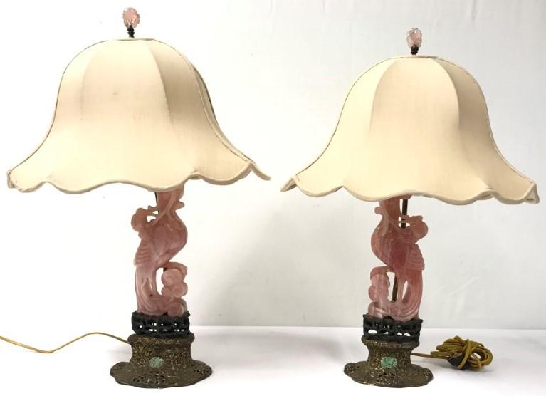 PAIR CHINESE CARVED ROSE QUARTZ PHOENIX BIRD LAMPS (1 of 20)