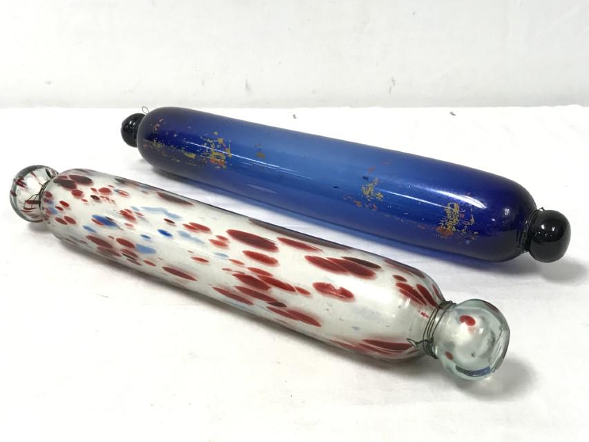 TWO NAILSEA-TYPE GLASS ROLLING PINS, ANTIQUE (1 of 13)