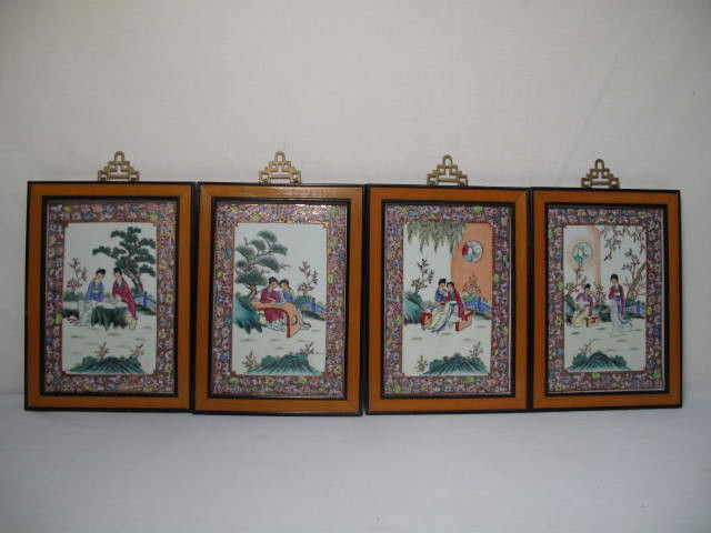FOUR CHINESE FAMILLE ROSE TILES: Four Chinese Famille Rose tiles. Each framed in natural and ebonized wood &frames. Good condition, some minor dings, dents, paint loss to frames. No apparent damage to tiles. Each measures 11.75" tall