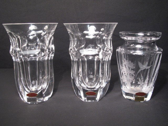 THREE MOSER ART GLASS BEAKERS: Three Moser art glass beakers. Two larger matching beakers and one smaller. Smaller beaker has an etched design depicting a landscape with a tree and a bird. Larger measure 5.25" tall x 3.5" wide. Sma