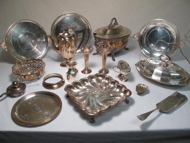 LARGE ESTATE LOT SILVER PLATE SERVING ITEMS: Large group of assorted silver plate items including trays, casserole, bowl, coffee pot, tureen, and more. Includes etched & monogrammed Christofle tray, see images . Most in generally good condition.