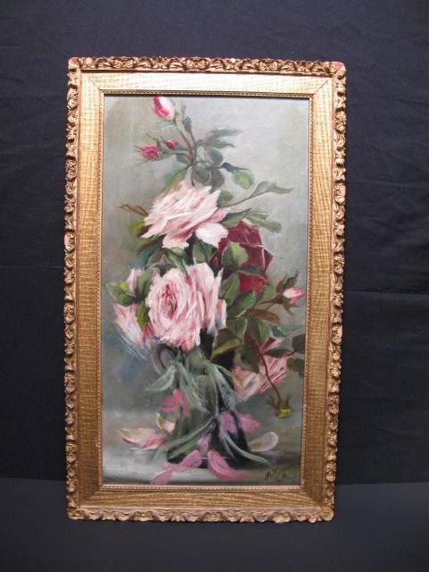 OIL ON CANVAS: FLORAL STILL LIFE: Oil on canvas painting of a rose still life. Signed lower right, "Mt. St. Josephs" and initialed L.M. Measures 12" x 23 1/4". Frame measures 15 1/2" x 26 1/4". Condition good with small old repairs to