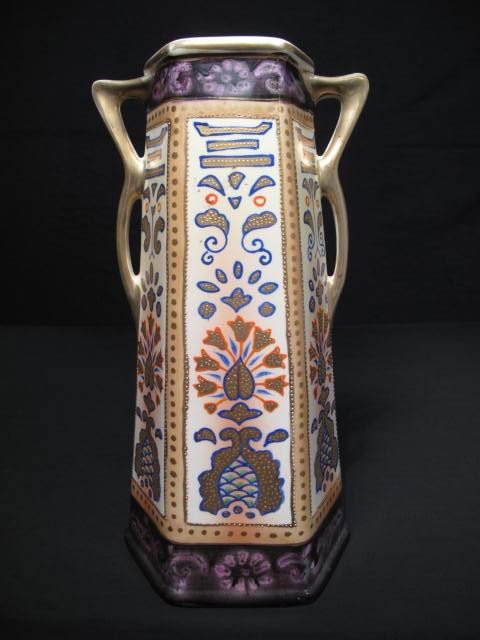LARGE NIPPON PORCELAIN MORIAGE DECORATED VASE: Royal Nippon porcelain vase with hand painting and gilt moriage decoration. Hexagonal shape. Marked "Royal Nippon" on bottom. Good condition, minor gilt wear, see images. Measures 12" tall x 6.5" wide