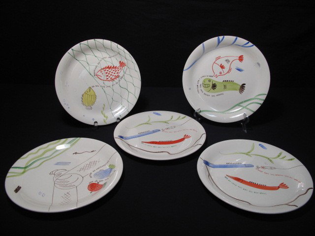 GUSTOVSBERG SCANDINAVIAN SEA MOTIF PLATES 5PCS: Gustovsberg Scandinavian sea motif plates. Includes 5 plates. Fish and undersea designs. German writing on each, see images. Good condition, one has a small chip to the edge. Each measures 9.75" wide 