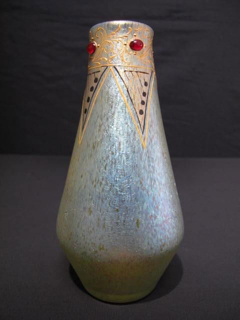 LOETZ VIENNA SECESSIONIST ART GLASS JEWELED VASE: An unsigned Loetz Vienna Secessionist enameled and jeweled acid etched and iridescent art glass vase. Measures 6 1/2" tall. Shipping weight .6 lbs.