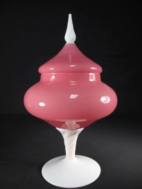 STEUBEN ROSALINE & ALABASTER COVERED COMPOTE: Steuben Rosaline & Alabaster covered compote. Unsigned. Measures 14" tall. Condition good. Shipping weight 3.8 lbs.