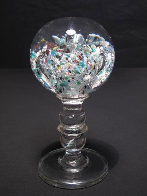 ST LOUIS NEWEL POST PAPERWEIGHT: St. Louis art glass newel post shaped paperweight. Mica floral design with concentric bubbles. Measures 6" tall. Condition good. Shipping weight 2 lbs.