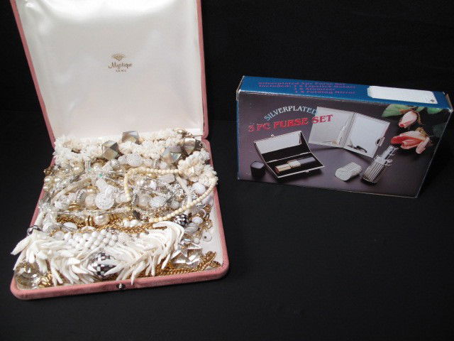 TRAY LOT ASSORTED LADIES COSTUME JEWELRY MONET ETC: Tray lot of assorted ladies costume jewelry. Brands such as Monet, Omni, and more. Mostly white colored jewelry. Shells, faux pearls, silver toned, gold toned, beads, crystal and more. Includes neckla