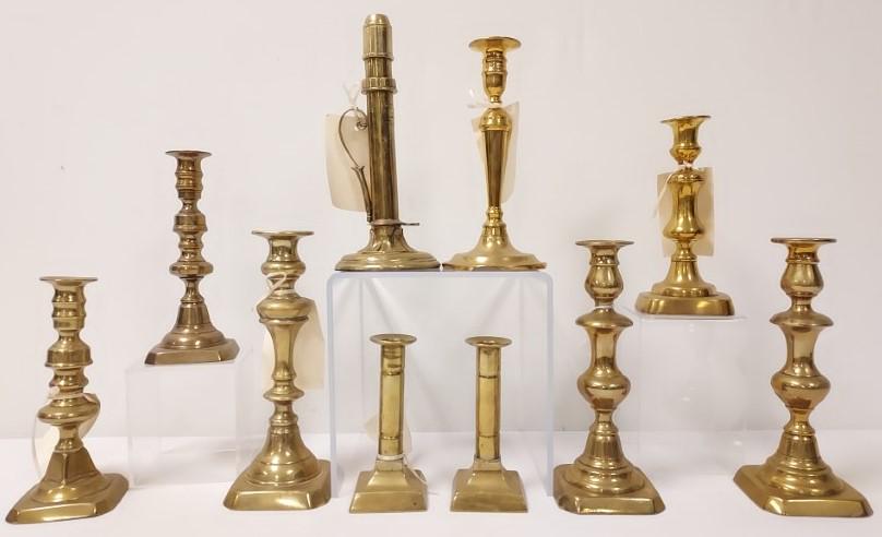 COLLECTION ANTIQUE ENGLISH BRASS CANDLESTICKS 10pc (1 of 20)