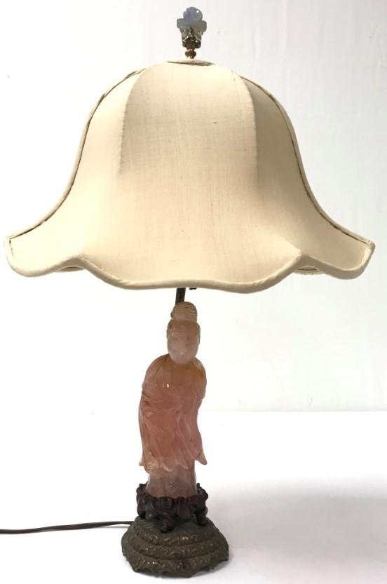 CHINESE ROSE QUARTZ QUAN YIN MOUNTED AS TABLE LAMP (1 of 14)