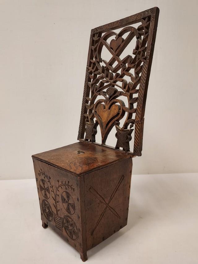 ANTIQUE FRENCH CARVED WOOD SALT BOX: Antique French intricately carved wood salt box with elaborate back panel. Carved at the top of back panel is "Gaullier 1843". Condition: backing repaired and reattached to box with two metal bracket 
