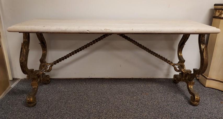 MODERN HEAVY GILDED IRON & TRAVERTINE CONSOLE TABLE (1 of 11)