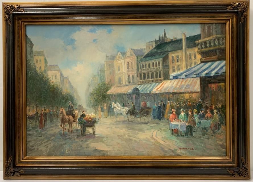 T. PENCKE (FRENCH, B. 1929), OIL ON CANVAS: T. PENCKE (FRENCH, B. 1929), OIL ON CANVAS. Impressionist Parisian street scene; signed lower right. 24" x 36" canvas; 31" x 43" framed. Weight: 12.1 lbs. Condition: good under room light - see photos