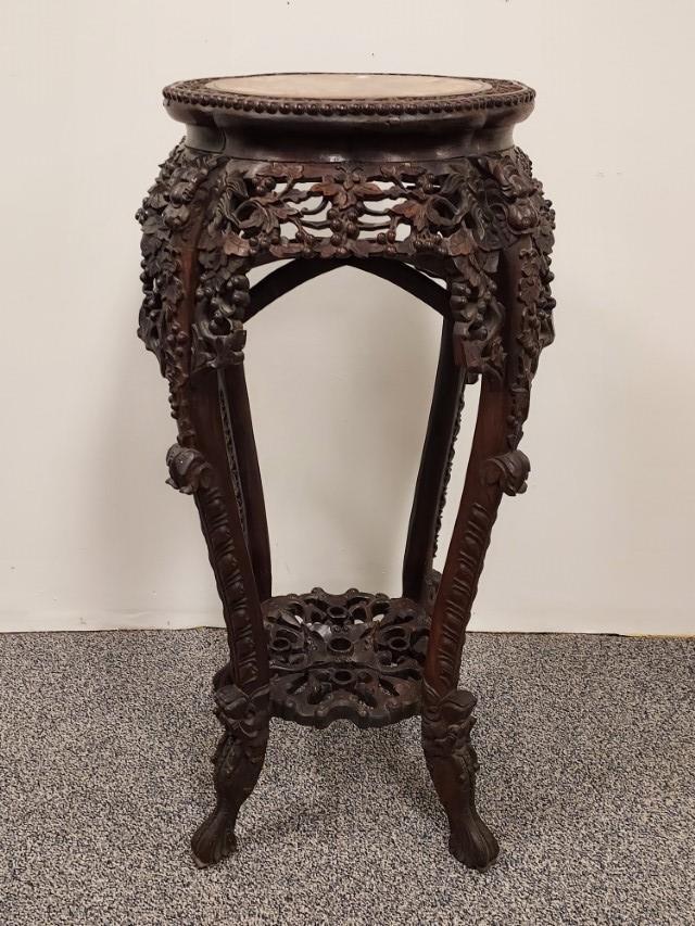 ANTIQUE CHINESE TEAK WOOD, MARBLE INSET PEDESTAL (1 of 20)