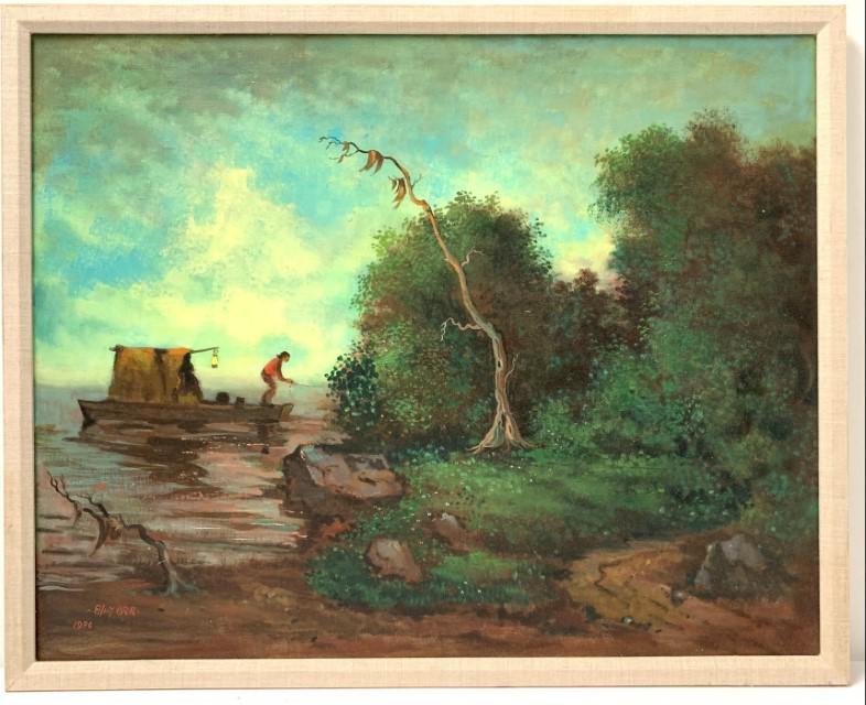 ELLIOT ORR (AMERICAN, B. 1904), ACRYLIC ON CANVAS.: ELLIOT ORR (AMERICAN, B. 1904), ACRYLIC ON CANVAS. Fishing along the coast; signed and dated 1986 lower left. 24" x 30"; liner frame 25 1/2" x 31 1/2". Weight: 3.4 lbs.. Condition: good - liner only, 