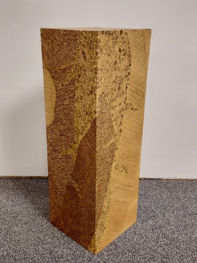 MODERN 36" TALL INLAID WOOD PEDESTAL: Modern style inlaid wood pedestal measuring 36" tall x 12" x 12". Condition: good, may show signs of normal use and handling, see images. Weight: approx. 20 lbs.