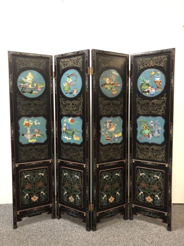 CHINESE CLOISONNE BLACK LACQUER 4 PANEL SCREEN (1 of 20)
