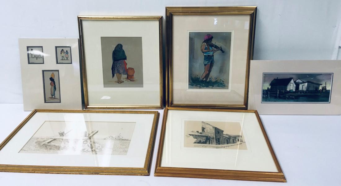 6 PC ELLIOT ORR (US B.1904) WATERCOLORS & DRAWINGS: 6 PC ELLIOT ORR (US B.1904) WATERCOLORS & DRAWINGS. Each signed; watercolor, gouache, pencil and sepia ink and pen. "Sailors Saw Horse"; "Village Street", Spanish figures; "Fiddler and fishing house b