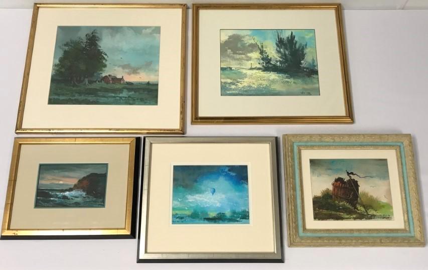 5 PCS, ELLIOT ORR OIL, ACRYLIC, WATERCOLOR: From 5" x 8" to 11.75" x 14" sight. Each signed, dated and framed (approx. 12.5" x 16" to 19" x 21". 3 seascapes and 2 landscapes. Lot includes: "Florida Scene", 1993; "Blue Balloon", 1994; "The Bow R