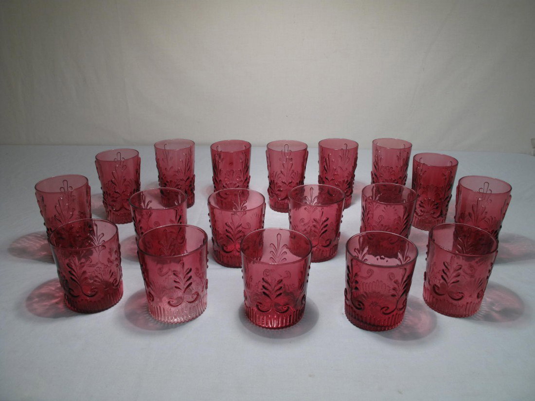 PILGRIM CRANBERRY GLASS ADAM PATTERN 18pc: Pilgrim cranberry glass Adam pattern tumblers and old fashions or rocks glasses. Tumblers measure 5" tall, rocks glasses measure 4" tall. Condition goo. Weight: approximately 10lbs.