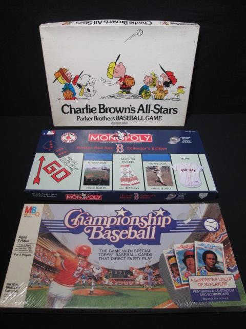 COLLECTIBLE BASEBALL BOARD GAMES MILTON BRADLEY 3P: Lot of three collectible baseball board games. Includes "a Parker baseball game" Charlie Brown's All Stars, Milton Bradley 1984 Championship Baseball w/Topps cards, and Monopoly Boston Red Sox Collect