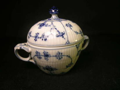 ROYAL COPENHAGEN BLUE WHITE LIDDED SUGAR FLORAL: ROYAL COPENHAGEN BLUE WHITE LIDDED SUGAR FLORAL - Measures 5 3/4" long x 4" wide x 4 1/2" high. CMS and 1/244 on bottom. No chips, cracks or crazing.
