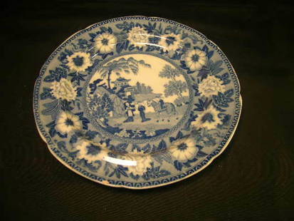 ANTIQUE TRANSFERWARE BLUE WHITE ROGERS PLATE ASIAN: ANTIQUE TRANSFERWARE BLUE WHITE ROGERS PLATE ASIAN - Measures 9 1/2" wide. Small chips to rim, see photos.