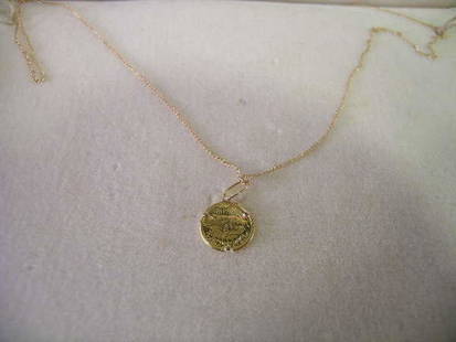 14KT GOLD MINIATURE COIN NECKLACE BOXED: 14KT GOLD MINIATURE COIN NECKLACE BOXED - Necklace measures 16" long. Velvet box by Garibaldi and Bruns measures 1 1/4" high x 6 1/4" wide x 4 1/8" deep. Good condition.