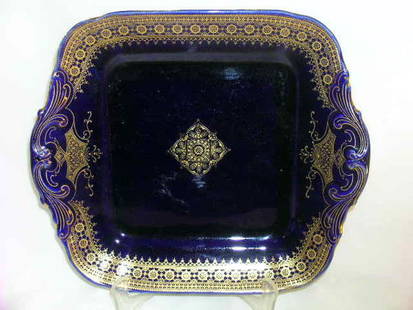 SARREGUEINES PORCELAIN BLUE GOLD PLATTER: SARREGUEINES PORCELAIN BLUE GOLD PLATTER - Measures 10 1/2" wide. Generalized crazing. Small chips on one handle.