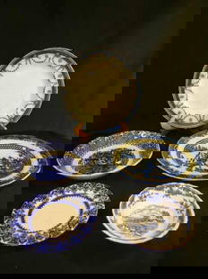 BLUE WHITE TRANSFERWARE FLOW BLUE PLATES ETC 5 PCS: BLUE WHITE TRANSFERWARE FLOW BLUE PLATES ETC 5 PCS - Plates, Soup bowl, bread and butter, fruit bowl. Largest piece 9" wide, smallest 5" wide. Visible signs of crazing and scratches