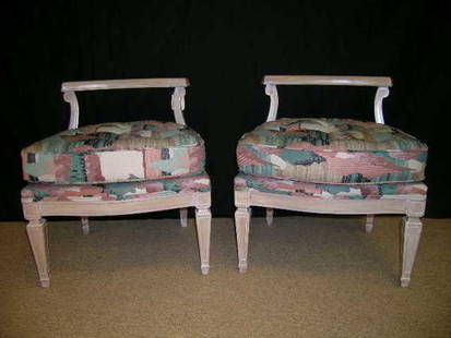 PR WHITE WASHED UPHOLSTERED VANITY BENCH SEATS: PR WHITE WASHED UPHOLSTERED VANITY BENCH SEATS - Each measures 22" high x 20" wide x 21" deep. Seat height is 16 1/2". Blue, turquoise fabric design. Good condition.