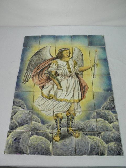 MAYOLICA "SANTA ROSA" HAND PAINTED MOSAIC TILE MURA: Mayolica "Santa Rosa" hand painted mosaic tile mural. Kit comprised of individual tiles. Depicts an angel holding a candle. Includes 35 individual 4.25" x 4.25" tiles. Signed lower right "MAYOLICA SAN