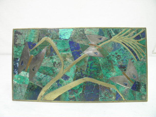 SILVER PLATED STONE INLAY TRINKET BOX: Silver plated stone inlay trinket box. Green & blue stones inlaid into lid, with gold tone and silver plated metal. Hinged lid with wooden interior. Stamped into bottom: "Plated LCSCASTILLOTAXCO". Con