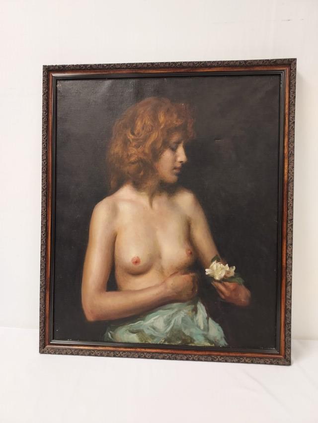 DANA RIPLEY POND OIL ON CANVAS PAINTING: NUDE: Dana Ripley Pond (American, 1881-1962), oil on canvas painting depicting a nude woman with flower. No apparent signature - attributed by previous owners. Framed measuring a total of 32.5" tall x 27.5"