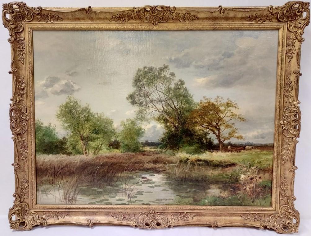 DAVID BATES OIL ON CANVAS PAINTING: MARSH LANDSCAP: David Bates (British, 1840-1921) oil on canvas painting depicting a marsh landscape. Signed and dated "David Bates 1890" lower right. Measures (frame) 34" tall x 44" wide, and (sight) 27.25" tall x 37